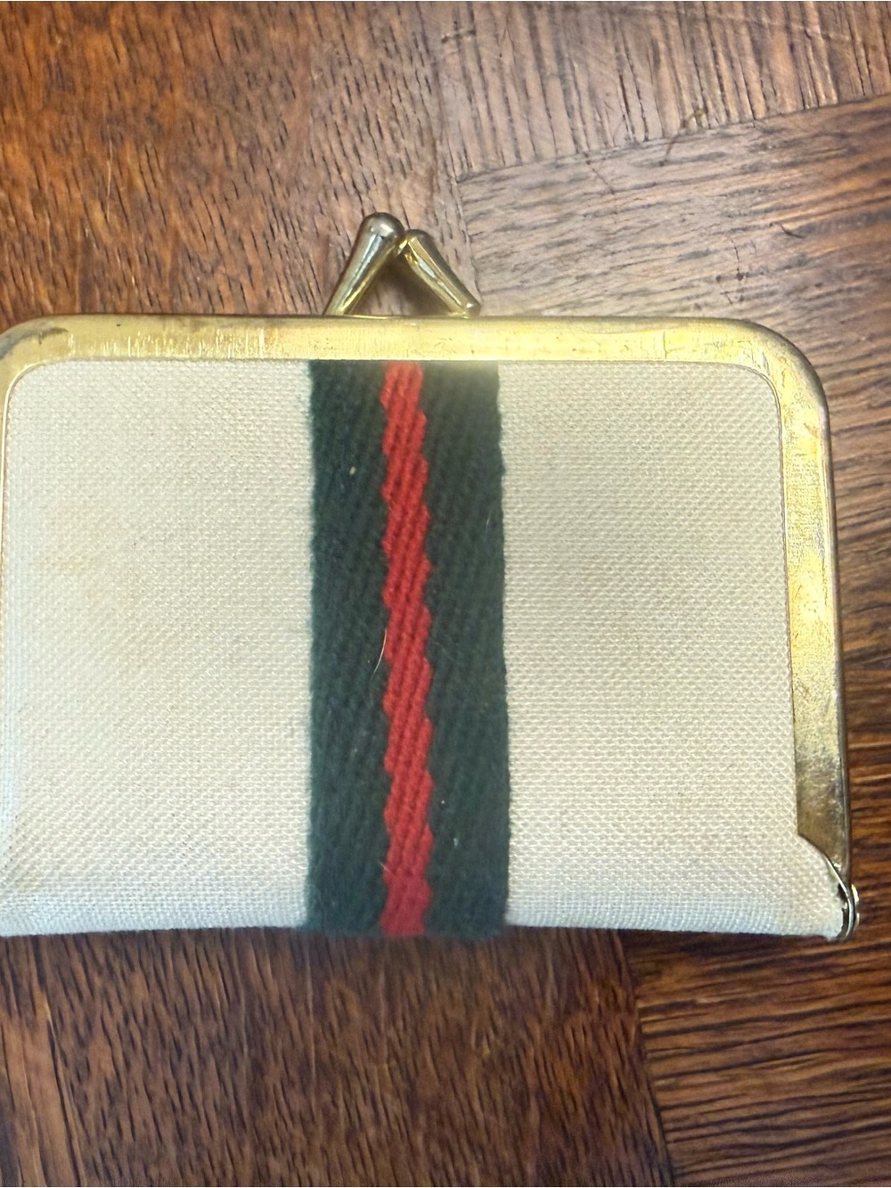 Vintage Gucci Canvas Clasp Travel Sewing Kit in Cream with Green and Red Stripe